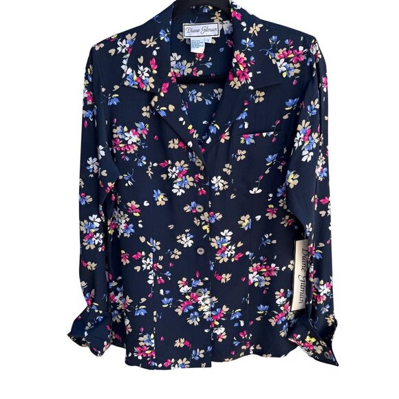 Diane Gilman Navy Floral Button-Up Silk Long Sleeve French Cuff Blouse New S - Picture 1 of 9